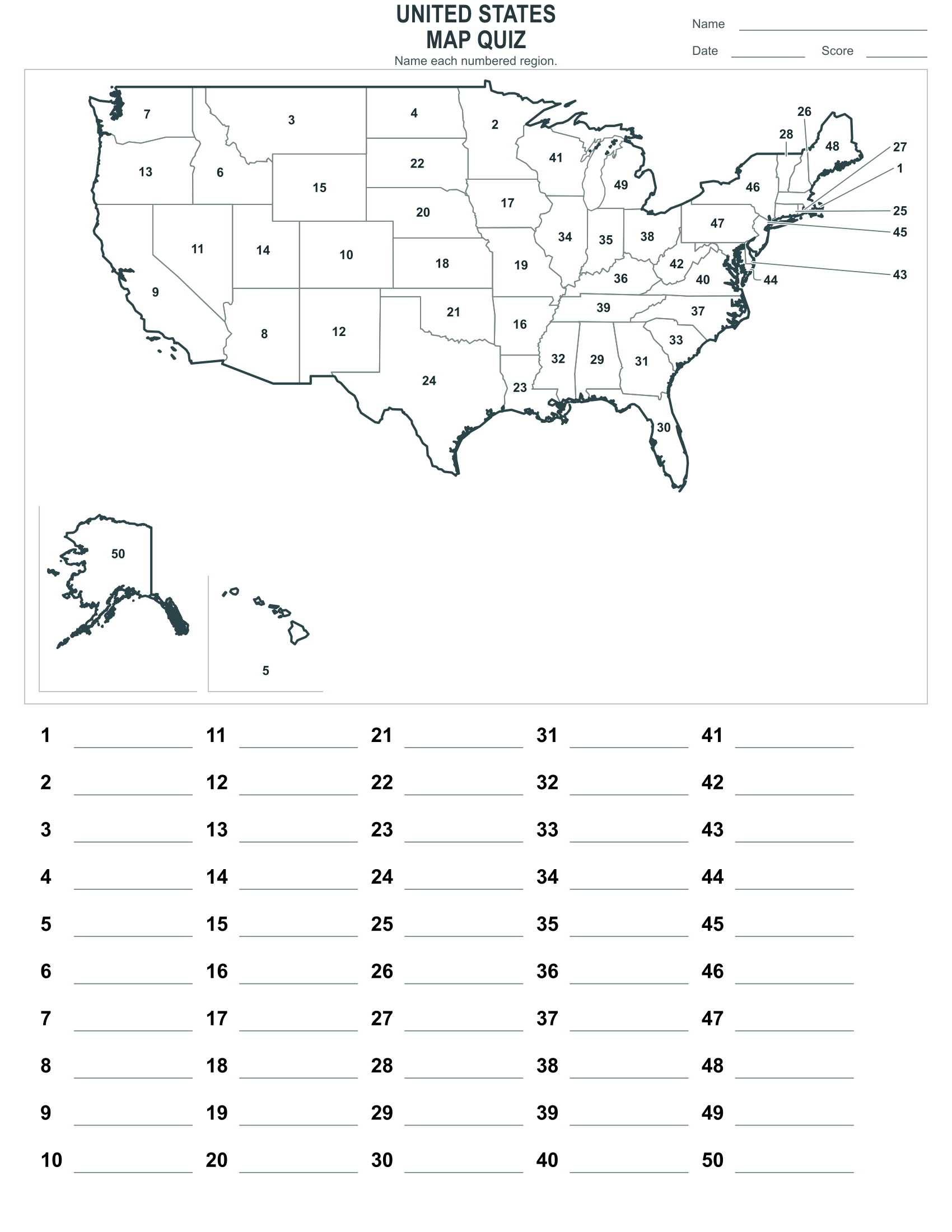 Numbered United States map quiz worksheet